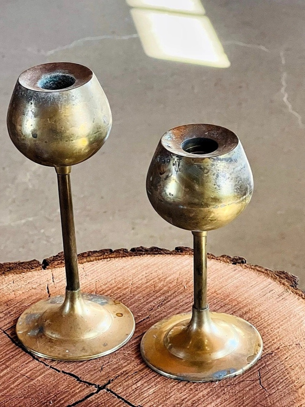 Vintage MCM Brass Tulip Shape Candlestick Holders Set 2